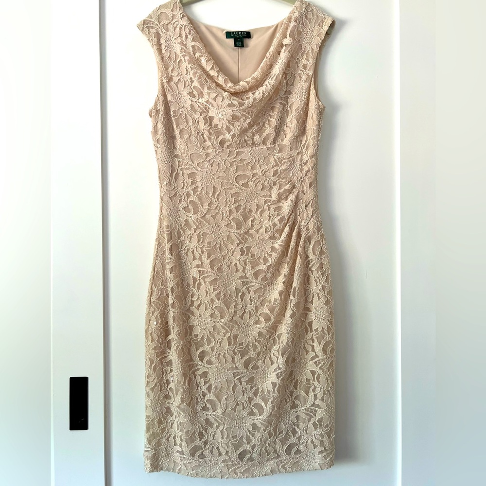 Cream Ralph Lauren stretchy lace sleeveless dress, size 12